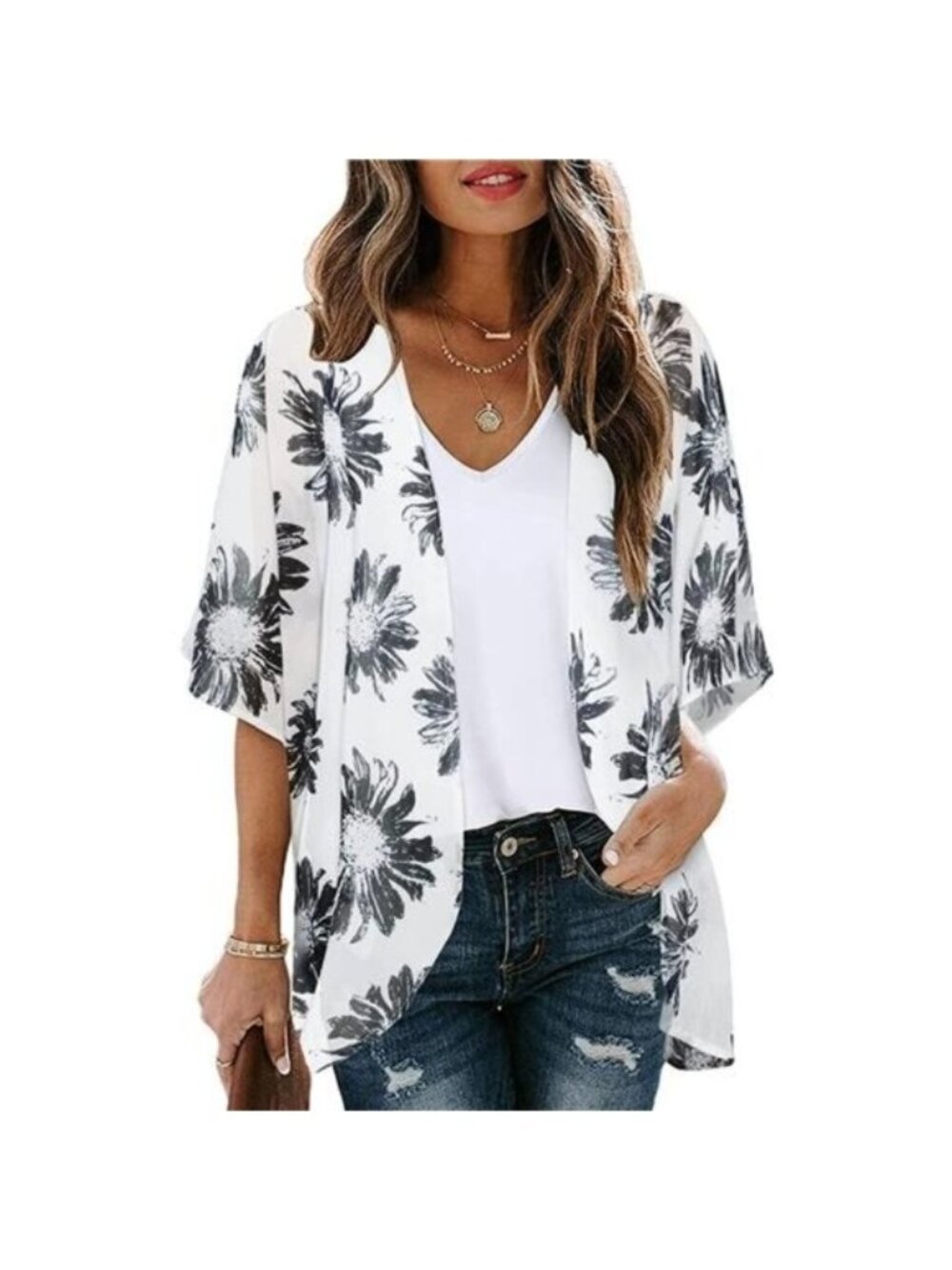 Women's Floral Print Puff Sleeve Kimono Cardigan Loose Cover Up